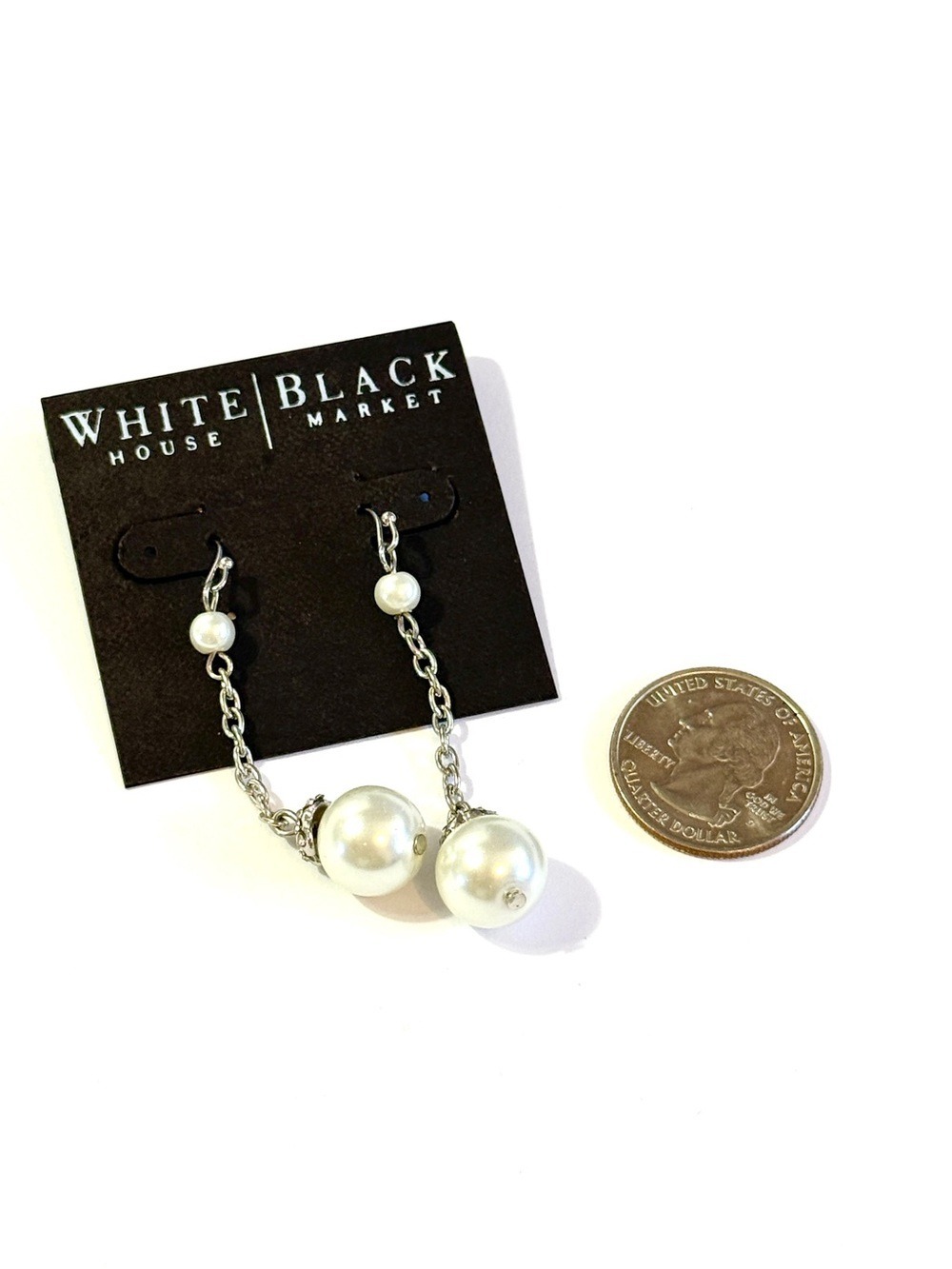 White House Black Market Pearl Drop Earrings Silver Tone - Picture 3 of 6